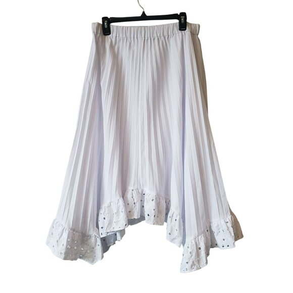 Boston Proper White Pleated Eyelet Hem Midi Skirt A Line Lace Trim Beachy Boho L - Picture 2 of 7